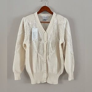 Christine vintage 80’s NEW ivory hand knit pearls/sequin long sleeve cardigan M